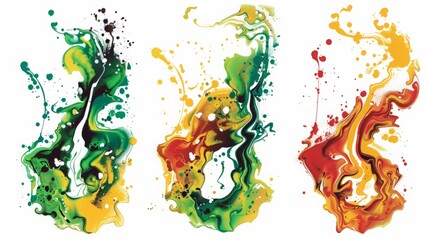 Naklejka premium Set of abstract ink splashes in green, yellow, and red tones with dynamic fluid shapes on a white background. Modern artistic design elements for creative projects. Generative AI