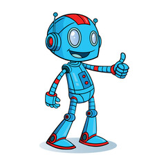 The funny robot smiles and gives a thumbs up on white background