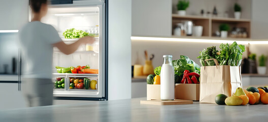 Moderne Küche mit geöffnetem Kühlschrank und frischem Gemüse