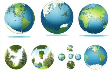 Illustrative Collection of Earth Globes Showcasing Diverse Landscapes and Nature, Highlighting Environmental Themes of Sustainability and Global Harmony