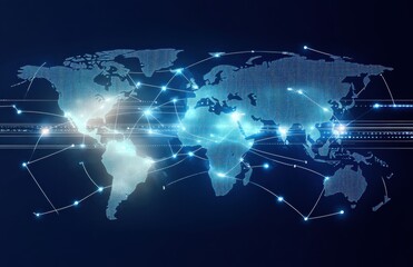 Futuristic Digital World Map With Illuminated Connections Representing Global Networking, Data Flow, and Technological Interactions in Blue and White Tones
