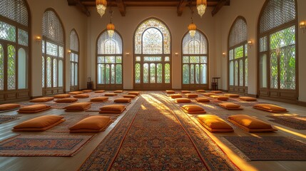 Obraz premium Sunlit meditation hall with orange cushions and rugs on ornate floor.
