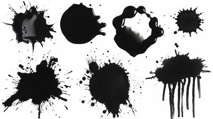 Black ink splashes and drips on white background. Abstract liquid stains in various shapes for creative and artistic designs. Generative AI