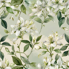 jasmine blossoms rendered in abstract form, using creamy white washes. Delicate ink strokes offer 