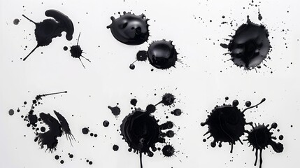 Black ink smudges and splashes on white background. Abstract brushstroke stains in various shapes for artistic and graphic designs. Generative AI