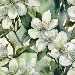 jasmine blossoms rendered in abstract form, using creamy white washes. Delicate ink strokes offer 