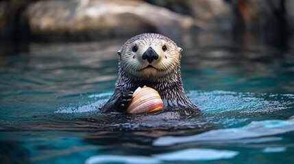 Sea Otter Cracking Shell on Chest While Floating on Back