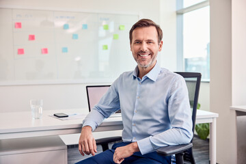 Obraz premium Portrait of smiling businessman sitting at office looking at camera