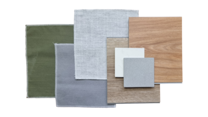 interior material samples contains grey and green curtain fabric, wooden vinyl flooring tiles, grainy artificial stone tiles isolated on background with clipping path. interior mood and tone board.
