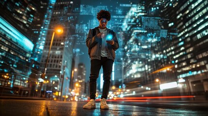 Young Man Using Smartphone in a Cityscape with Digital Overlay