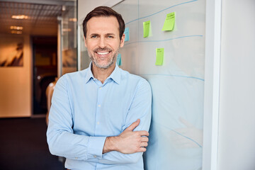 Portrait of successful smiling businessman standing at office space