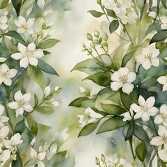 jasmine blossoms rendered in abstract form, using creamy white washes. Delicate ink strokes offer 