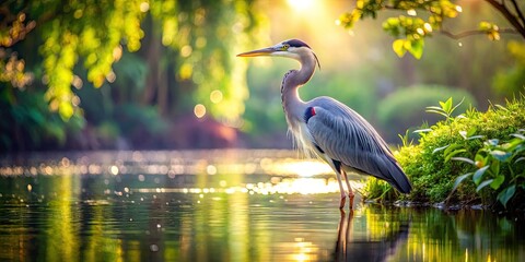 Naklejka premium Majestic Heron Bird Standing Gracefully by Serene Water in Lush Natural Landscape - Stunning Wildlife Photography, Tranquil Nature Scene, Birdwatching Inspiration