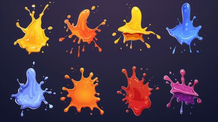 Collection of colorful glossy paint splashes in vibrant hues on dark background. Creative liquid drops for design and decoration. Generative AI