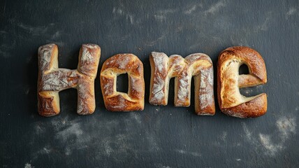 Bread letters spelling "Home" on dark surface, delicious and artistic