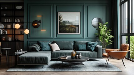 Modern living room with stylish furniture and green accents.