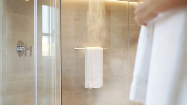 Person auf dem Weg in einer modernen Walk-in-Dusche mit Glaswand und wei&szlig;en Handt&uuml;chern