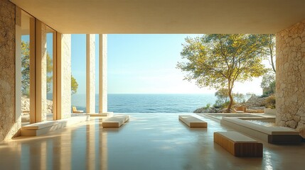 Sunlit modern pavilion overlooking ocean; minimalist design, stone walls,  large windows, outdoor seating.
