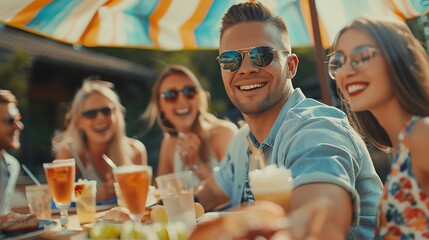 A group of friends enjoy drinks and a meal together outside.