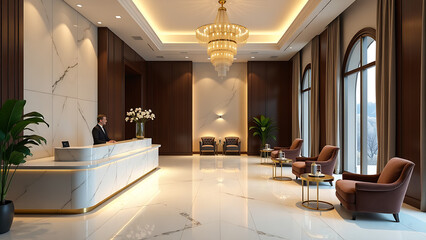 A grand hotel lobby with high ceilings, elegant chandeliers, and luxurious furnishings. The focus is on a sophisticated reception desk with a floral arrangement and a few brochures