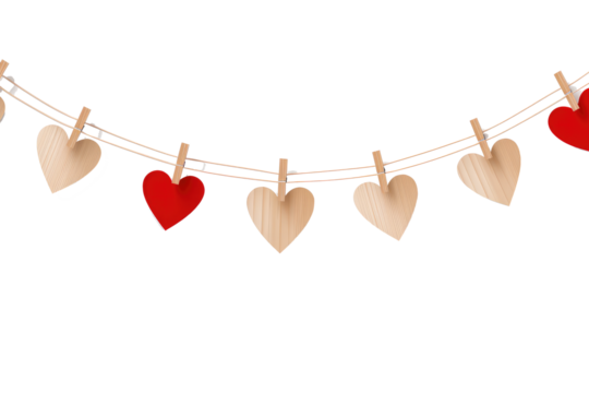 : Heart love pennant bunting garland blank empty paper sheet attached with wooden wood pegs