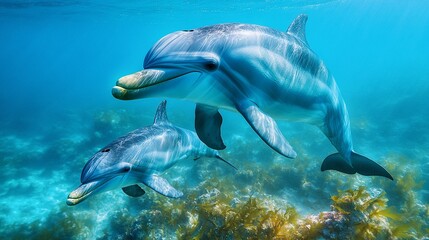 Fototapeta premium Dolphin Mother and Calf Swimming Together in Clear Blue Waters