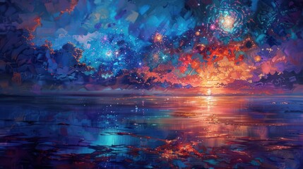 A colorful, abstract painting of a sunset over a calm ocean with a starry sky.