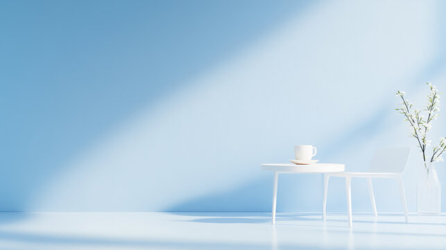 Minimalist Desk with Coffee Cup on Blue Background