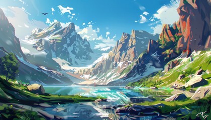 Naklejka premium A Serene Mountain Lake Under a Clear Blue Sky