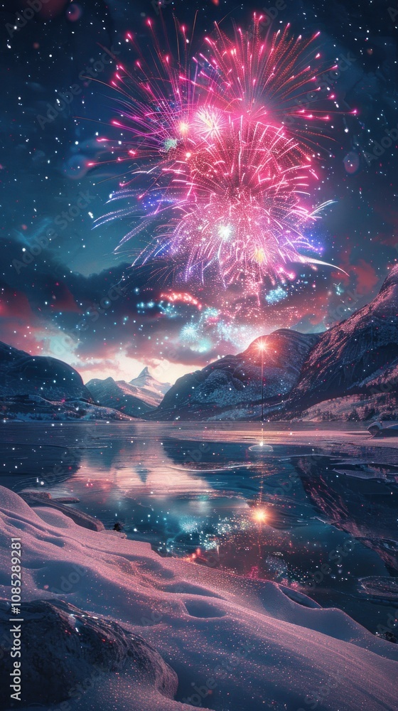 Poster a colorful firework display explodes over a snowy mountain range, illuminating the night sky and ref