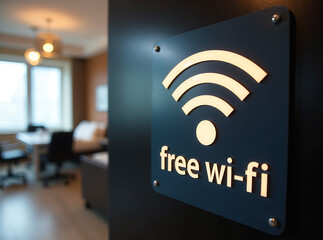 sign with a Wi-Fi symbol and the text "Free Wi-Fi" informing guests of complimentary internet access in the facility.
