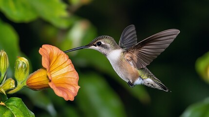 Naklejka premium Hummingbird Feeding on Trumpet Vine Nectar with Rapid Wing Beats