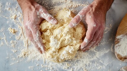 Fototapeta premium Person kneading flour-dusted dough on marble countertop