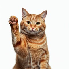 orange cat giving high five, isolated on white
