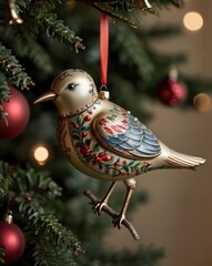 A close-up of a beautifully crafted silver Christmas ornament resting on a polished wooden table. The ornament features intricate frosted designs and delicate glittering patterns. In the background, a
