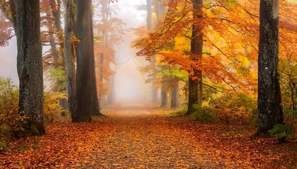 Fototapeta premium A misty forest path is flanked by trees with vibrant orange and gold hues, surrounded by cr_1(92)