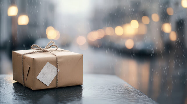 brown package with twine bow sits on wet surface in rain, evoking sense of anticipation and mystery.  Supply Chain Security Risks concept