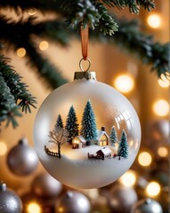 A close-up of a beautifully crafted silver Christmas ornament resting on a polished wooden table. The ornament features intricate frosted designs and delicate glittering patterns. In the background, a