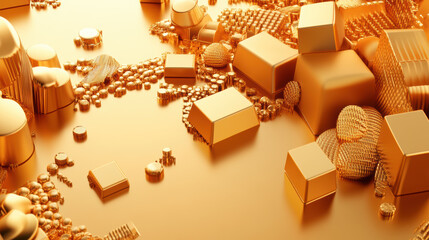 Abstract 3D Geometric Shapes on Golden Background