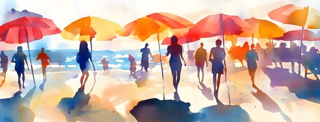 Watercolor Painting of Beachgoers Under Umbrellas