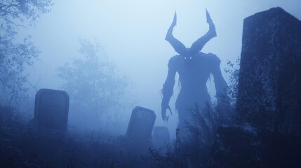 Fototapeta premium Eerie Demon in Misty Graveyard - Ultra-Detailed Dark Fantasy 3D Render Digital Artwork