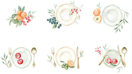 Watercolor set of plates, spoons and forks. Vector illustration.