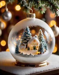 A close-up of a beautifully crafted silver Christmas ornament resting on a polished wooden table. The ornament features intricate frosted designs and delicate glittering patterns. In the background, a