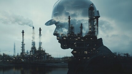 A man's silhouette is shown in front of a large industrial plant