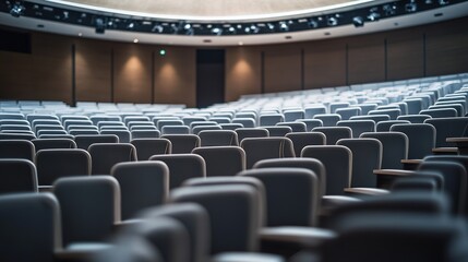 Modern Conference Hall with Rows of Empty Seats in a Professional Setting, Ideal for Business Events and Public Speaking Engagements