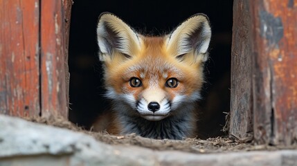 Fototapeta premium Curious Fox Cub Peeking Out From Its Den in Nature