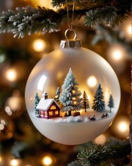 A close-up of a beautifully crafted silver Christmas ornament resting on a polished wooden table. The ornament features intricate frosted designs and delicate glittering patterns. In the background, a