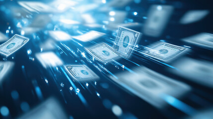 Flying Dollar Bills on Blue Background