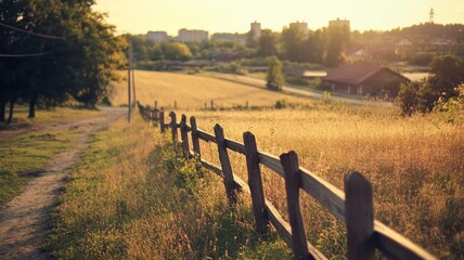 Obraz premium Scenic rural landscape with wooden fence, fields, trees, and distant buildings at sunset