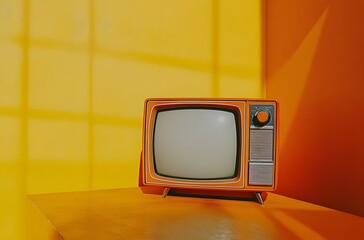 Vintage Orange Television Set Against Yellow Walls